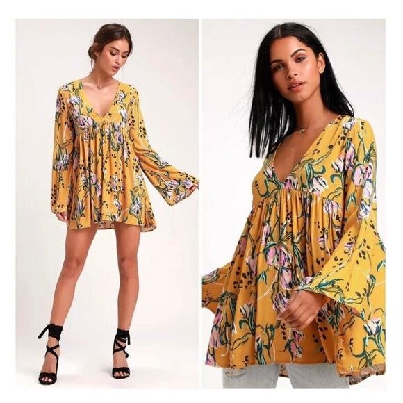 Free People Bella Floral Print Empire Tunic Top Golden Yellow Sz Small Boho - Picture 2 of 9